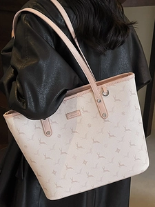 Pink large capacity tote bag with deer print for women commuting and daily wear