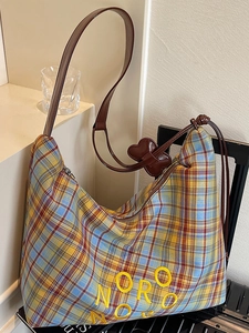 Grand Sac à Épaule en Toile Écossaise pour Femmes Sac Fourre-tout Vintage avec Broderie de Lettres pour Déplacement Quotidien