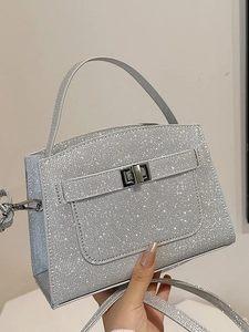Women Fashion Silver Glitter Sequined Top Handle Bag Urban Minimalist Shoulder Crossbody Bag Elegant Wave Pattern Handbag