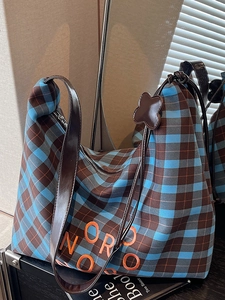 Sac cabas à carreaux classique avec imprimé NORO orange et anses en cuir pour la mode