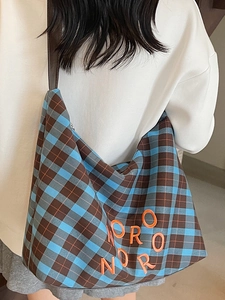 Sac fourre-tout à carreaux bleu et marron avec broderie orange et grande capacité