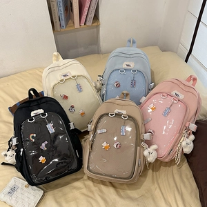 Detail view of five pastel colored backpacks with transparent windows and plush bunny charms