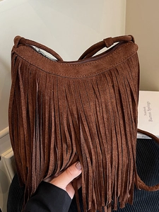 Women Fringe Shoulder Bag Suede Texture PU Tassel Crossbody Bag Bohemian Retro Style Zipper Handbag Daily Vacation Purse