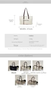 Tableau des tailles détaillé et options multicolores pour le grand sac fourre-tout en toile