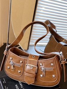 Brown vintage faux leather baguette bag with silver rivets and wide buckled strap
