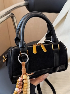 Vintage Suede Boston Bag For Women Retro Solid Color Small Shoulder Crossbody Handbag With Double Handle Zipper Closure