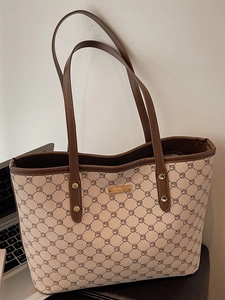 Borsa Tote da Donna in Pelle PU Grande Capacità Vintage Monogramma Geometrico Borsa a Spalla Urban Semplice Pendolare Con Targhetta in Metallo