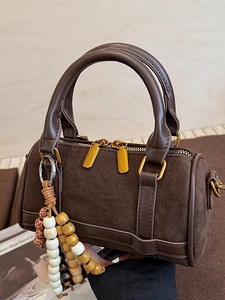 Retro brown suede Boston handbag for women with beaded tassel and metal zipper detail