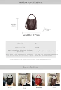Détails du sac seau tressé montrant les dimensions et quatre couleurs avec poignées en soie