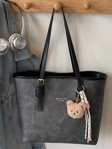 Chic charcoal grey large capacity tote bag with long straps and cute bear pendant