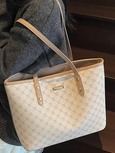 Elegante borsa tote beige grande con motivi geometrici e manici marroni da donna