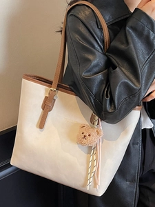 Stylish large capacity tote bag in cream and brown with a cute bear pendant decoration