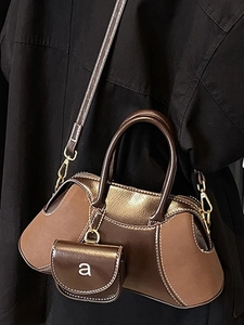 Minimalist brown patchwork leather Boston bag with mini purse charm for women