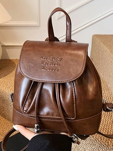 Women Retro PU Leather Mini Backpack Vintage Letter Debossed Drawstring Rucksack Small Fashion Shoulder Bag For Daily Use