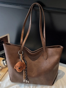 Women Large Capacity Tote Bag 2025 Summer New Fashion Minimalist PU Leather Shoulder Bag Urban Commute Handbag With Bear Pendant