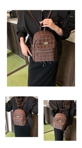 Detail of the brown checkered mini backpack showing zip pocket and metal brand plate