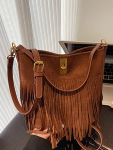 Bohemian brown suede fringe shoulder bag with vintage gold metallic buckle hardware