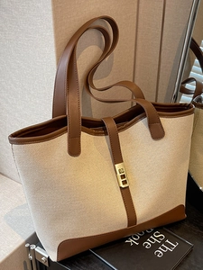 Large Capacity Women Tote Bag Urban Minimalist PU Spliced Tote Shoulder Bag With Metal Lock Commuter Handbag