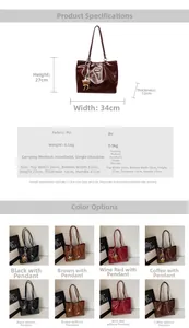 Detailed size chart and multi-color selection for this large capacity PU leather tote bag