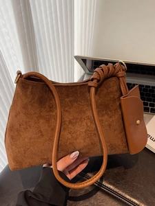 Borsa a Spalla da Donna in Pelle Scamosciata Vintage Minimalista Borsa Composita Sottoascella Con Tracolla Annodata e Piccola Tasca