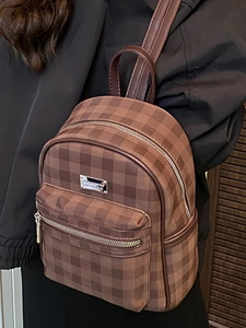 Brown checkered mini backpack for women with leather straps and silver metal plate detail