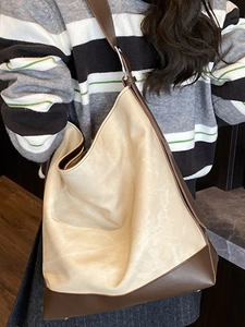 Minimalist large capacity color-block shoulder tote bag in vintage cream and brown PU leather
