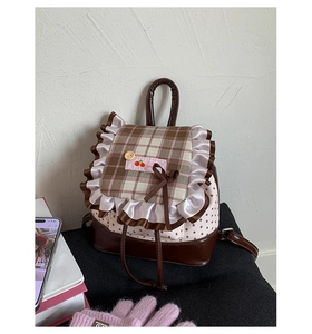 Detailansicht eines Rucksacks mit Schleife, Kirschstickerei und Karomuster-Spitze