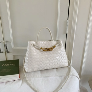 Women's Woven PU Leather Handbag With Metal Knot Detail Retro Minimalist Shoulder Crossbody Bag High Quality Tote Purse