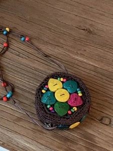 Bohemian handmade crochet round mini crossbody bag with heart buttons and colorful beads