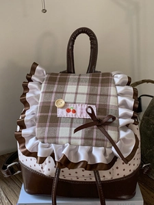 Japanischer Süßer Gingham Rüschen Mini Rucksack Für Damen PU Leder Patchwork Sternenmuster Kirschstickerei Mode Kleine Reisetasche