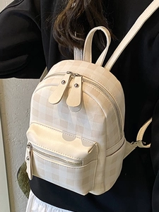 Schicker beige karierter Mini-Rucksack für Damen mit mehreren Reißverschlusstaschen