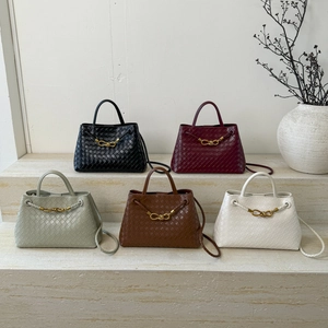 Fashion woven leather bucket bag with gold knot buckle and long shoulder strap in five colors
