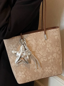 Fashion printed large tote bag with floral patterns and brown shoulder straps