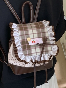 Süßer karierter Mini-Rucksack mit Rüschen, Sternprint und Kirschstickerei für Damen