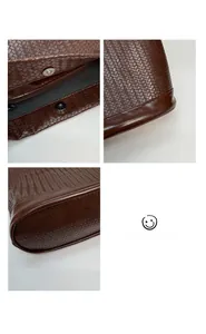 Détails du sac à main tressé marron foncé avec fermoir magnétique et base en cuir lisse