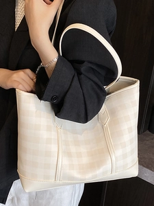 Large cream checkerboard tote bag for women, stylish faux leather commuting shoulder bag