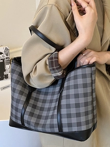 Large Gingham tote bag with leather trim and slim straps for casual daily commuting