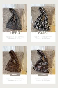 Collage showing vintage plaid tote bags in black, brown, and coffee textured fabric