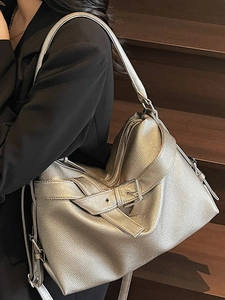Chic silver lychee pattern tote bag with decorative buckle for casual fashion styling