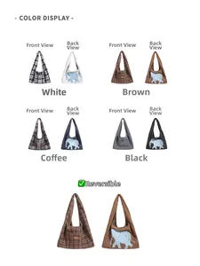 Canvas tote bag with reversible design featuring plaid and elephant patterns in 4 colors