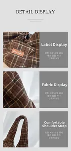 Detail view of brown vintage plaid canvas tote with leather label and wide straps