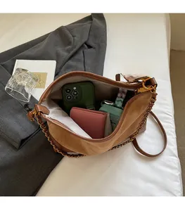 Detailed view of the brown suede shoulder bag capacity for phone and long wallet