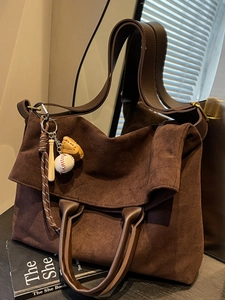 Retro dark brown large capacity suede tote bag with stylish baseball theme charm