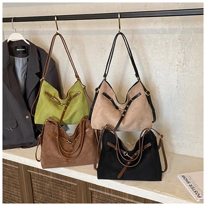 Retro large-capacity suede tote bag for women in green, khaki, coffee and black colors