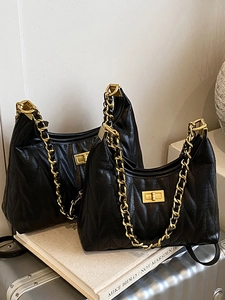 Women Chic PU Leather Quilted Shoulder Bag Elegant Turn Lock Gold Chain Underarm Bag Large Capacity Tote Crossbody Bag