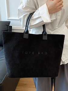 Minimalist black corduroy tote bag with embroidered letters and large capacity