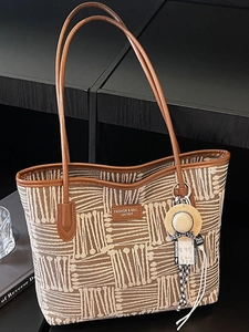 Fashion Large Capacity Women Tote Bag Geometric Woven Pattern Shoulder Bag Leather Trim Casual Commuter Work Travel Handbag