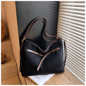 Retro black suede tote bag with brown leather straps for daily commute and casual use