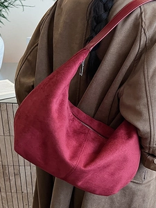 Retro burgundy large hobo shoulder bag in premium suede for women's autumn fashion style