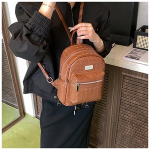 Détail du mini sac à dos en cuir synthétique tressé marron avec fermetures argentées